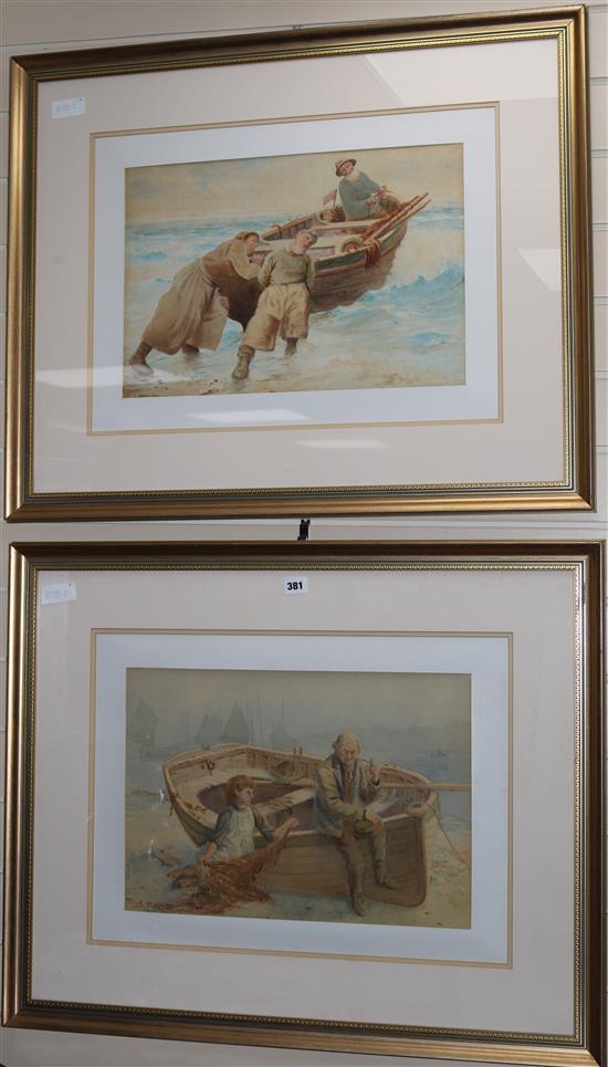 F. Massey, a pair of watercolours, fisherfolk along the shore, one signed, 34 x 48cm